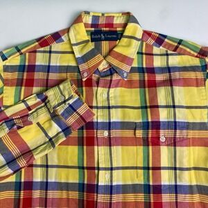Polo Ralph Lauren Men's Lg Madras Button Down Plaid Yellow Red Blue Green Shirt